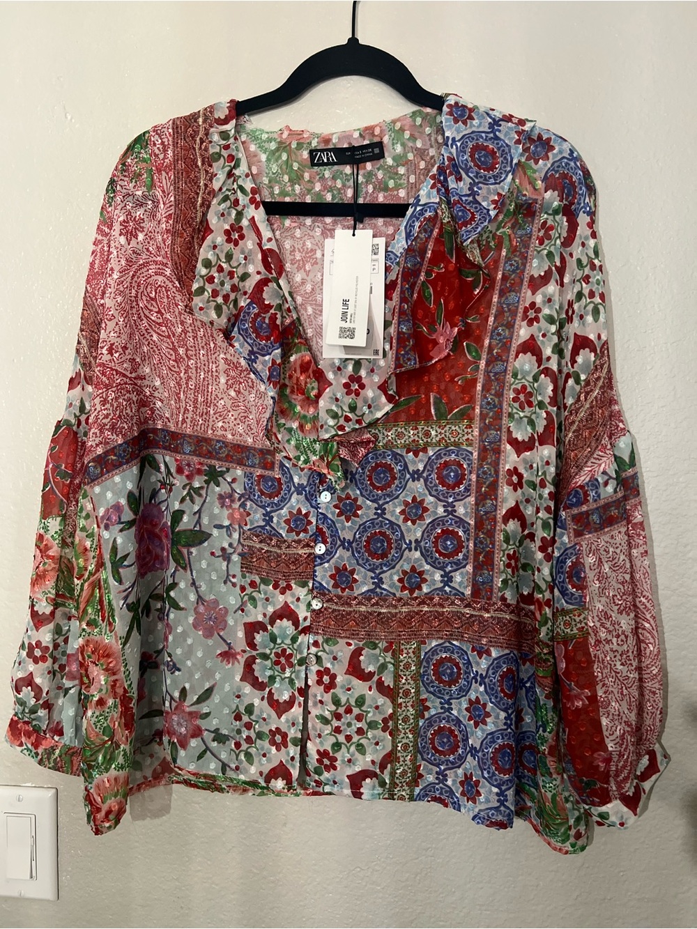 Zara Red Multi Floral Patchwork V-Neck Blouse with Blue Accents